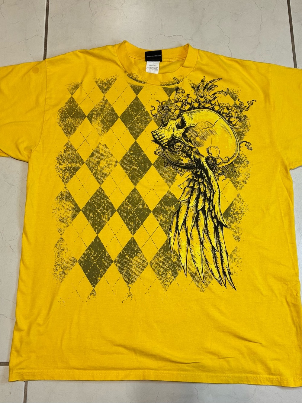 Vintage Y2K Hybird Skull Wings Yellow Shirt Men XL